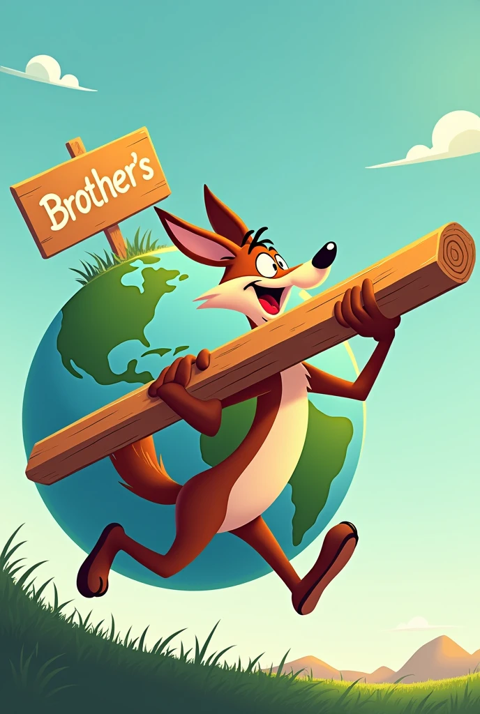 Cartoon coyote holding a large piece of wood, running around the globe, uma placa grande escrita Brothers's Design