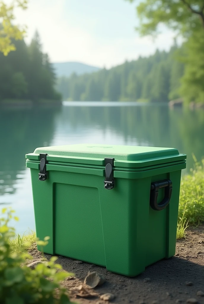 Create a realistic image of a green styrofoam box, and in the background a lake