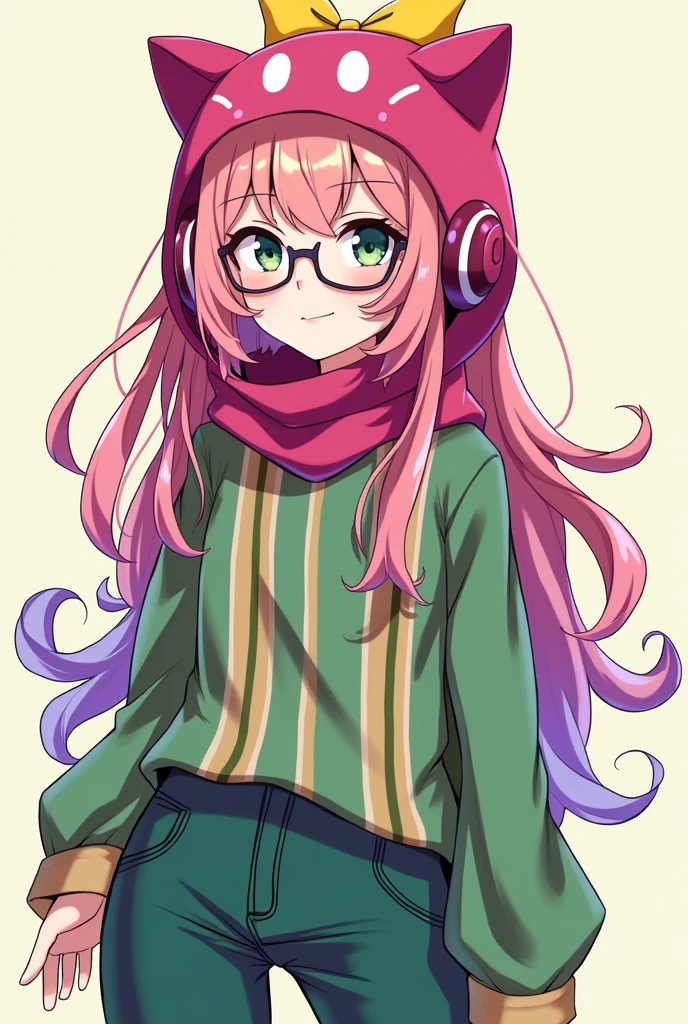 Female character with long-sleeved green blouse with brown stripes, green pants, a yellow bow in her hair, long pink-yellow-purple hair, dark pink kitten balaclava headphones, black glasses