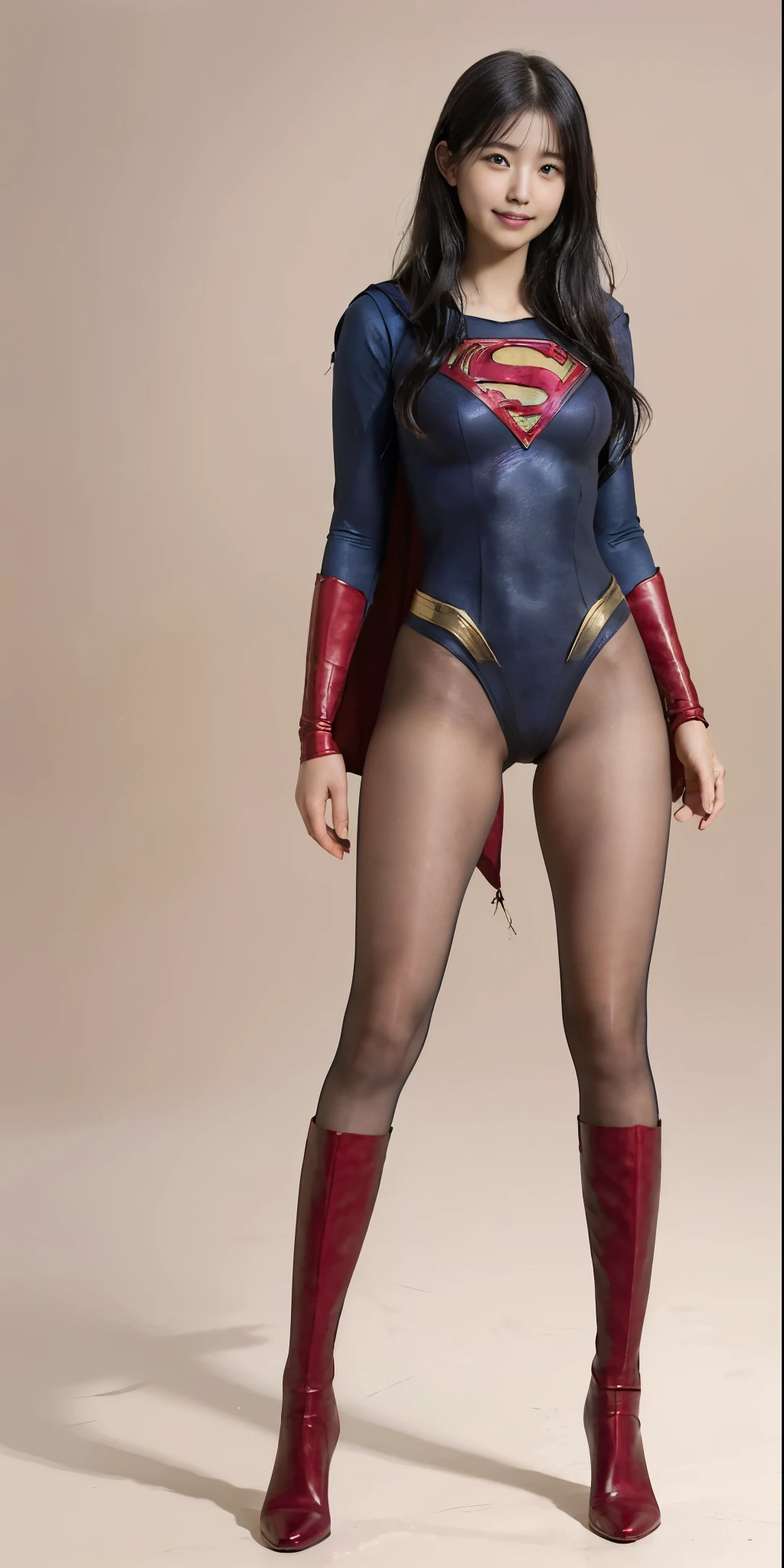 No background、(((Beautiful legs in black tights.)))、(((Legally express the beauty of your smile)))、((((Make the most of your original images)))、(((Supergirl Costume)))、(((Beautiful Hair)))、(((suffering)))、(((Please wear black tights....、Wear red boots)))、((Best image quality、8k))、((Highest quality、8k、masterpiece:1.3))、(((Preserve background )))、Sharp focus:1.2、Beautiful woman with perfect figure:1.4、Slim Abs:1.2、Wet body:1.5、Highly detailed face and skin texture、8k