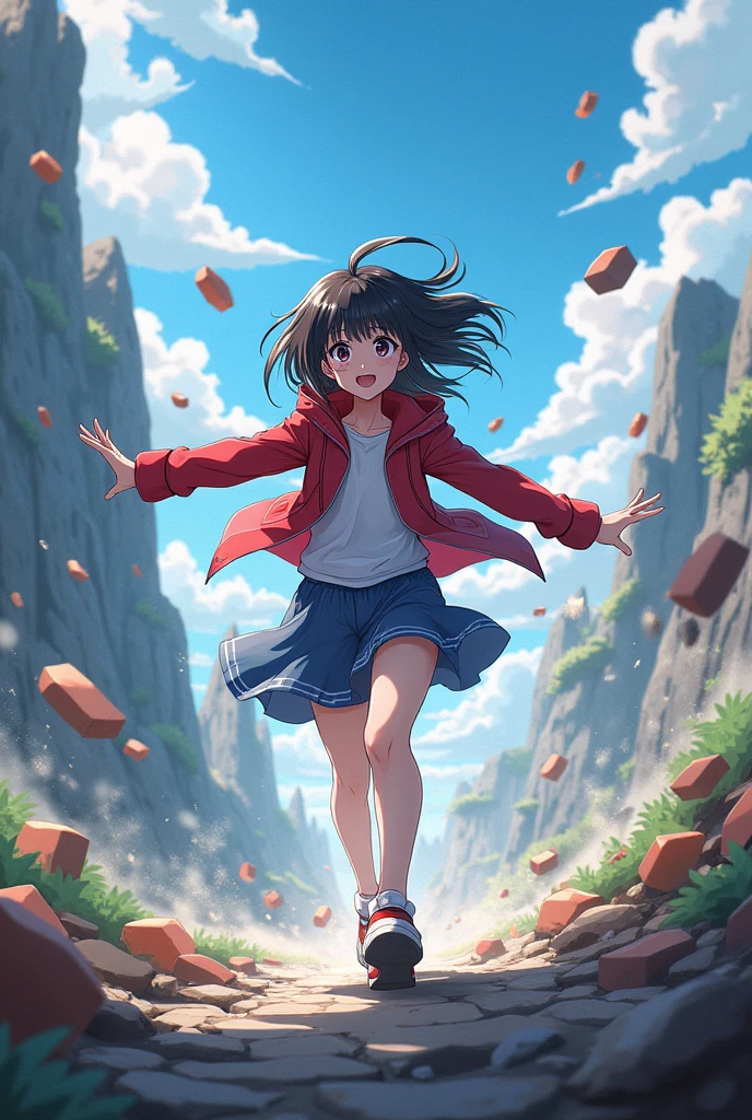 July uses her elemental control to create a wind barrier, pushing obstacles out of her way in the obstacle way anime style.
