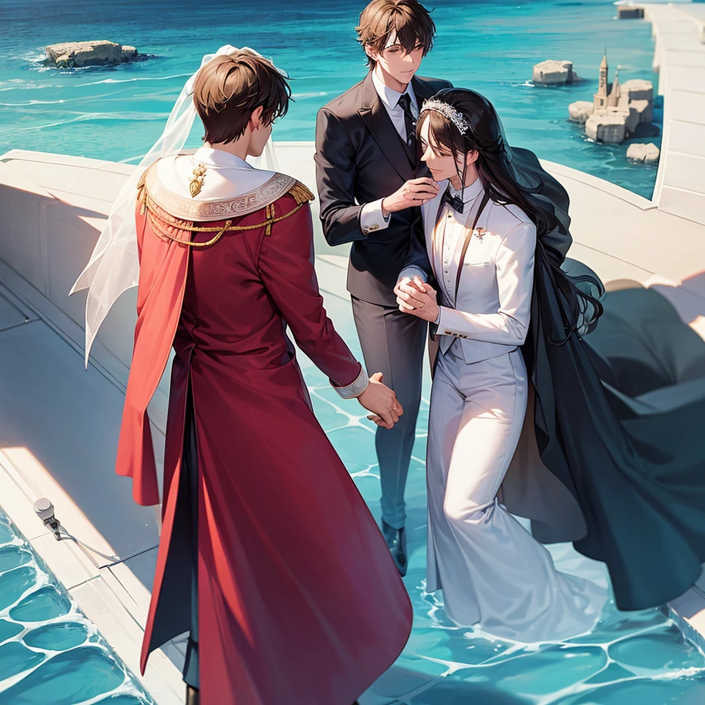 A man and a man get married in the middle of the sea with a big mansion.