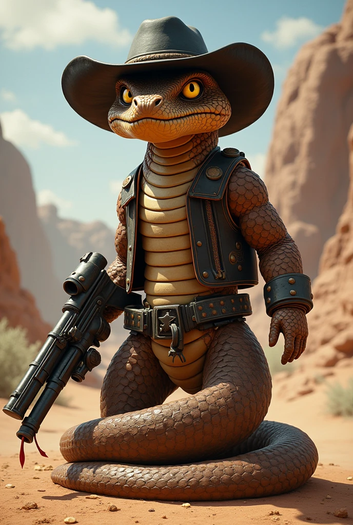 A brown rattlesnake wearing a black hat, wrapped in ammunition holsters, and on the tip of its tail is a minigun. Use Jake Rattlesnake from the animated film Rango as a reference. I would like the art in a fantasy RPG style, set in the old west.