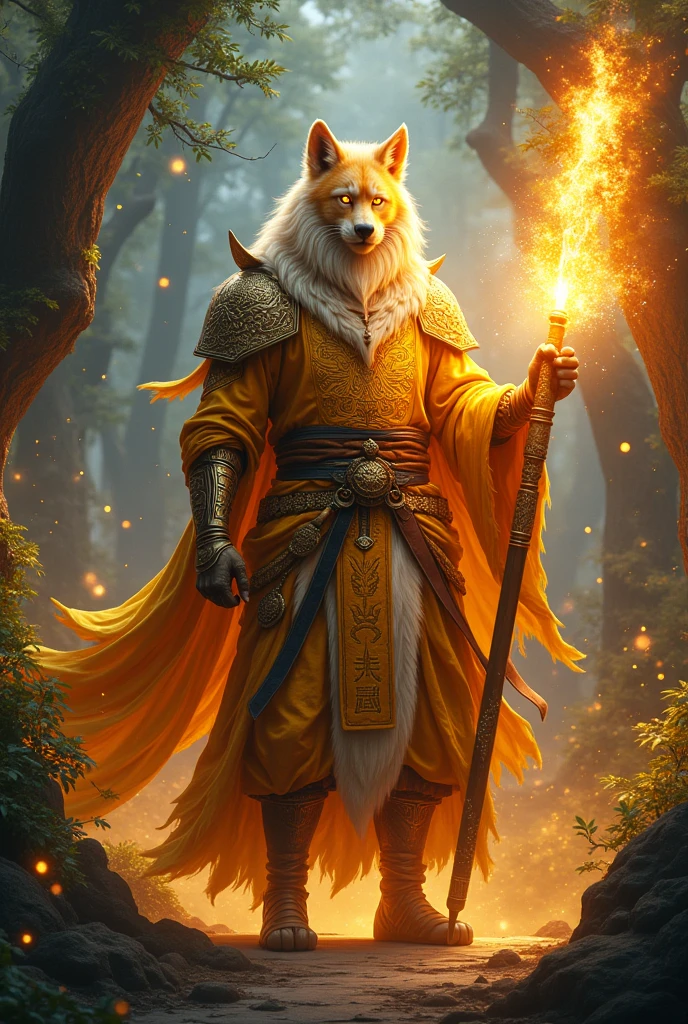 In the scene is "Wizard Wukong", ((magic master)), situado em uma floresta encantada. The surrounding forest is dense, with giant trees and thick trunks, covered in luminous vegetation that emits a soft and ethereal light. Magical creatures lurk among the foliage, some small and luminous, other larger, hidden in the shadows of the trees. The environment is mysterious and magical, filled with an aura of enchantment. | He is in the center of the image, ((Stately)), ((golden coat)) that shines brightly, adorned with mystical patterns and tribal tattoos that seem to have a life of their own, pulsing with magical energy. Your ((piercing eyes)) with irises of fire they seem to burn with an inner flame, adding an intimidating and wise look to his face. | He wears a ((samurai armor)) modern and sophisticated, meticulously detailed with dragon and cloud patterns, blending tradition with contemporary elements. The armor is composed of several layers of polished plates that reflect the glow of the flames around. His tunic flutters around him, as if being moved by a magical breeze. | He is standing, ((powerful and confident posture)). He holds a ((magic staff)) Magnificent, decorated with floating crystals that emanate a magical light, slowly spinning around the top of the staff. Your hands are up, and he is in the act of summoning a powerful spell. Around his hands, stunning visual effects of magic can be seen - glowing runes, sparks of energy and rays of light that form and dance in the air. | The scene is illuminated by a firelight, as if invisible flames were present around, creating a warm glow that highlights the details of the armor and Wukong's fur. The shadows are intense and deep, contrasting with the glow of the floating crystals and the luminous vegetation of the forest. The atmosphere is charged with magical energy, with floating particles in the air and a light mist moving between the trees.