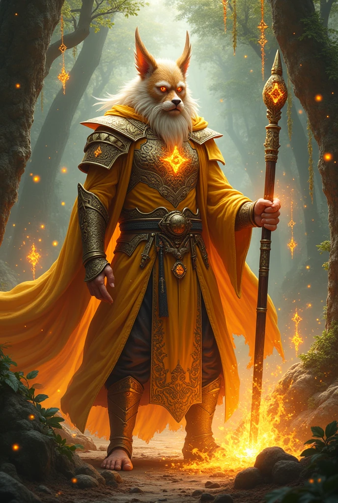 In the scene is "Wizard Wukong", ((magic master)), situado em uma floresta encantada. The surrounding forest is dense, with giant trees and thick trunks, covered in luminous vegetation that emits a soft and ethereal light. Magical creatures lurk among the foliage, some small and luminous, other larger, hidden in the shadows of the trees. The environment is mysterious and magical, filled with an aura of enchantment. | He is in the center of the image, ((Stately)), ((golden coat)) that shines brightly, adorned with mystical patterns and tribal tattoos that seem to have a life of their own, pulsing with magical energy. Your ((piercing eyes)) with irises of fire they seem to burn with an inner flame, adding an intimidating and wise look to his face. | He wears a ((samurai armor)) modern and sophisticated, meticulously detailed with dragon and cloud patterns, blending tradition with contemporary elements. The armor is composed of several layers of polished plates that reflect the glow of the flames around. His tunic flutters around him, as if being moved by a magical breeze. | He is standing, ((powerful and confident posture)). He holds a ((magic staff)) Magnificent, decorated with floating crystals that emanate a magical light, slowly spinning around the top of the staff. Your hands are up, and he is in the act of summoning a powerful spell. Around his hands, stunning visual effects of magic can be seen - glowing runes, sparks of energy and rays of light that form and dance in the air. | The scene is illuminated by a firelight, as if invisible flames were present around, creating a warm glow that highlights the details of the armor and Wukong's fur. The shadows are intense and deep, contrasting with the glow of the floating crystals and the luminous vegetation of the forest. The atmosphere is charged with magical energy, with floating particles in the air and a light mist moving between the trees.