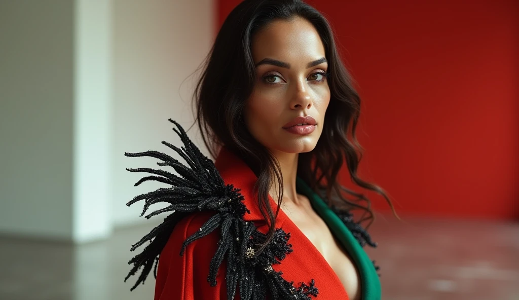 "Create an avant-garde fashion scene featuring a model with African descent, but with the features of Angelina Jolie. The model is dressed in an experimental, artistic outfit that defies conventional fashion norms, showcasing bold, non-traditional materials and striking, asymmetrical designs. The setting is an abstract, minimalist environment with sharp contrasts and dramatic lighting, emphasizing the uniqueness of the attire. The composition highlights the model's elegance, confidence, and sophistication, with a focus on her flawless, captivating presence.
Filmed on ARRI ALEXA 65, Bokeh, sharp focus on the subject, shot by Don McCullin. The atmosphere should exude a sense of artistic expression, with the model embodying the essence of avant-garde fashion—daring, bold, and cutting-edge.
Keywords: beauty, model, elegance, glamour, fashion, stunning, radiant, chic, graceful, confident, striking, flawless, alluring, photogenic, sophisticated, enchanting, captivating, charismatic, runway, editorial, beauty standards, artistic, style, aesthetic, personality, portrait, beauty photography, professional model, fashionista, trendsetter.