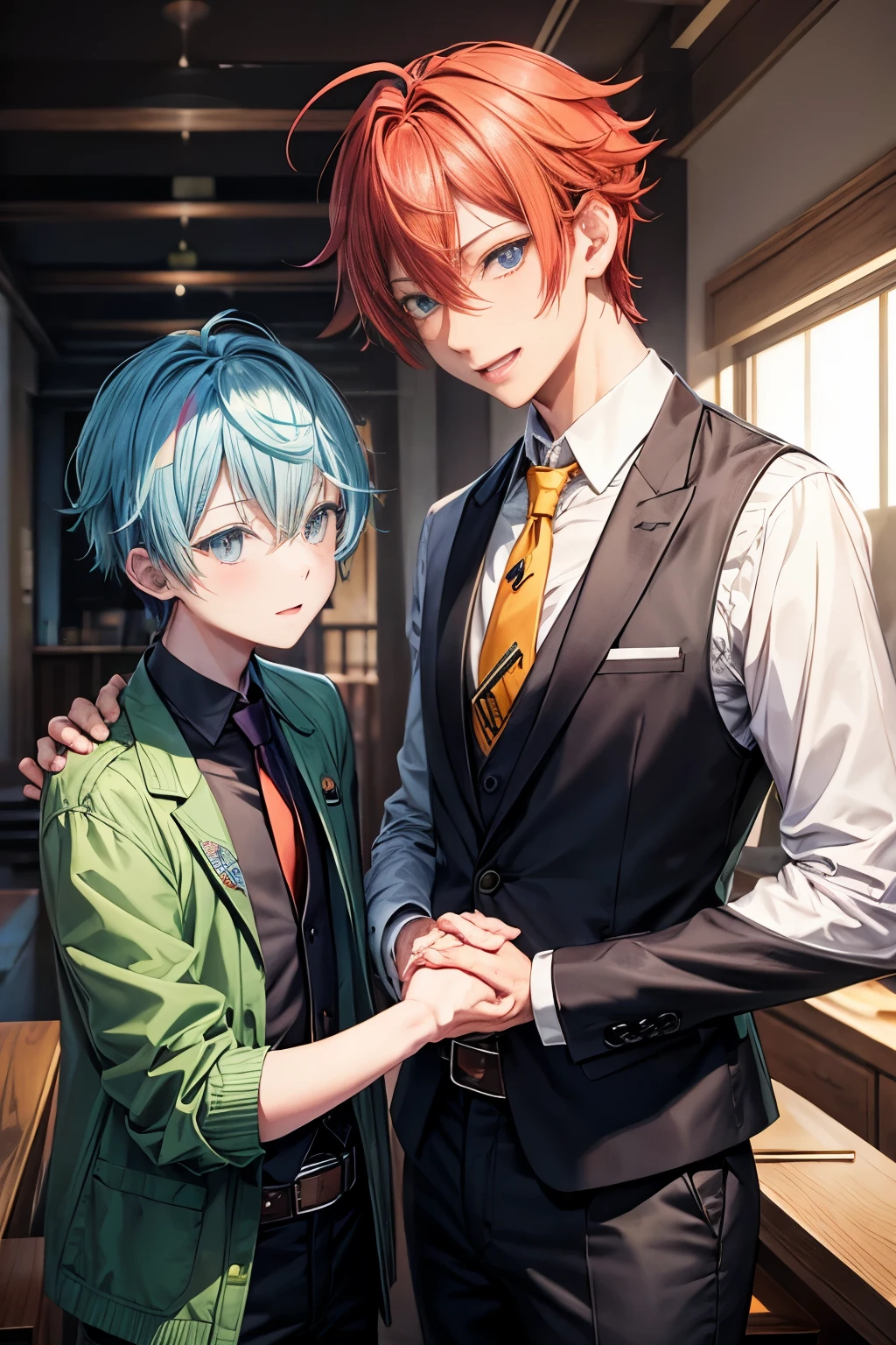 kannonzaka doppo\(hypnosis mic\), 2boy, duo, blush, male focus, short hair, blue eyes, orange hair, multicolored hair, hair between eyes, blue hair, streaked hair, jacket, white shirt, necktie, collared shirt, belt, pants, black jacket, black pants, formal, suit, id card, lanyard, jacket, red hair, sweat, green necktie, shaded face, lanyard, muscular, holding hands with boy 2 who is izanami hifumi\(hypnosis mic\), smiling, yellow hair, side part, short hair, black shirt, grey vest, blush, shaded face, yellow eyes, shy face, femboy, black and grey suit, looking at boy 1, two hair tufts, big ahoge