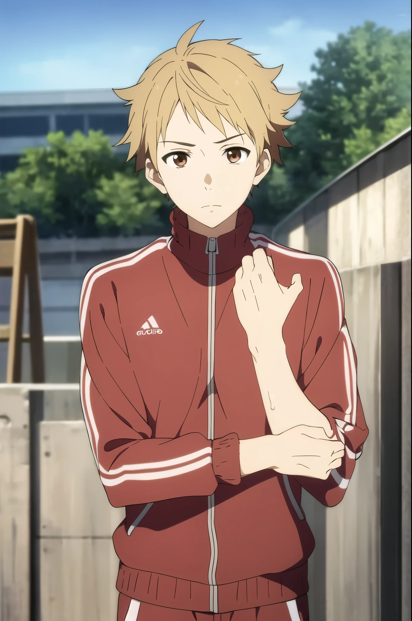 masterpiece, best quality, high quality, 1boy, solo, male focus, looking at viewer, upper body, akihito_kanbara, blonde hair, brown eyes, , track suit