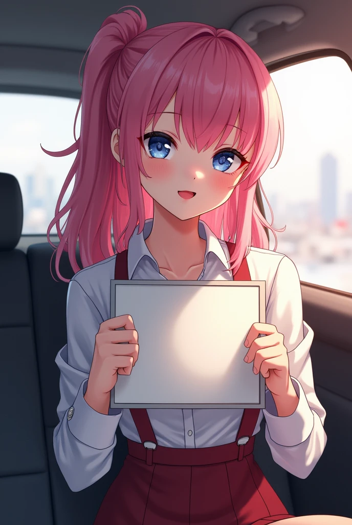 square image size, anime, digital drawing, pretty girl, sexy body, tender gestures, White skin color, pink hair, works in taxi, He is holding a blank sign