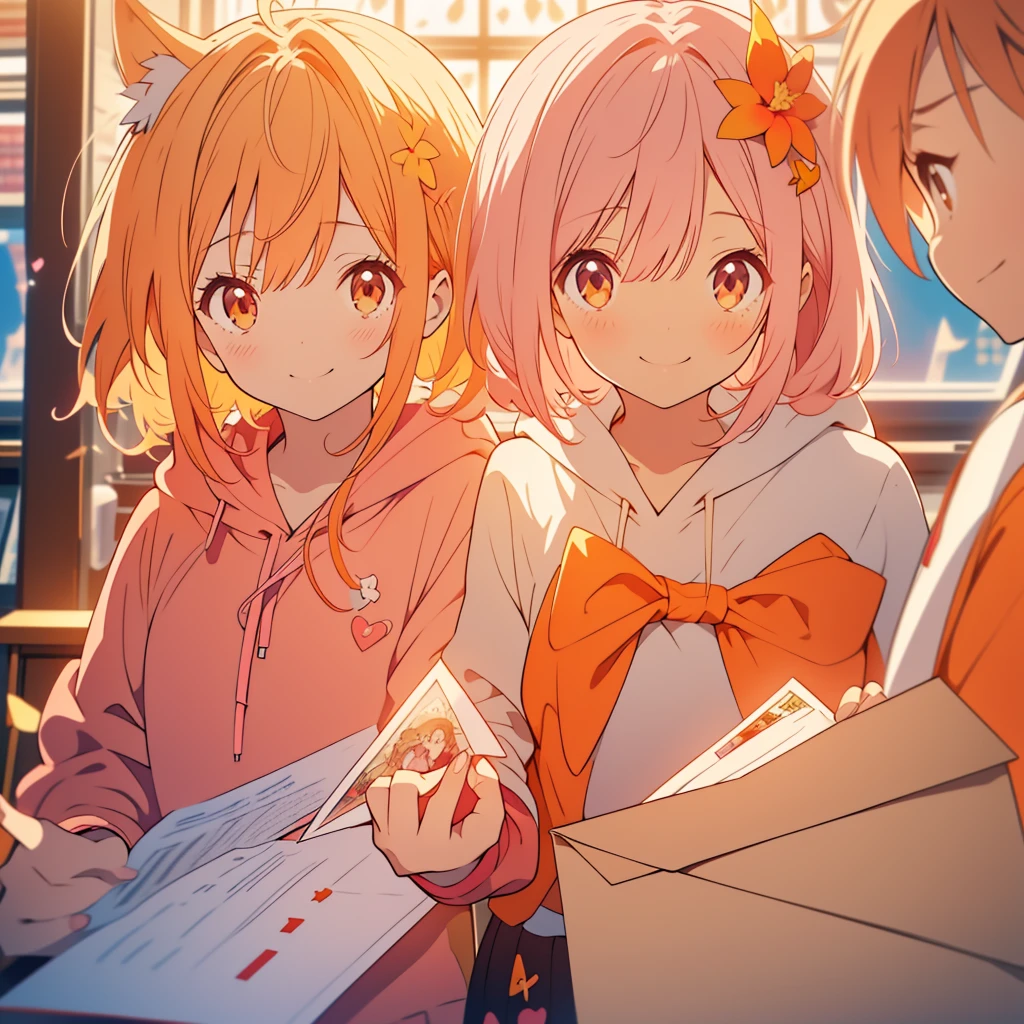kawaii, anime, Cute, hyper quality, highly detailed, 8k, Clarity, Draw facial expressions in detail, Montbrezia, write a letter, library, envelope, A young girl with short light pink hair and scarlet eyes., air mail, smile, soft sunlight, hoodie, orange montbretia flower, love letter, highlight on eyes, paper airplane,