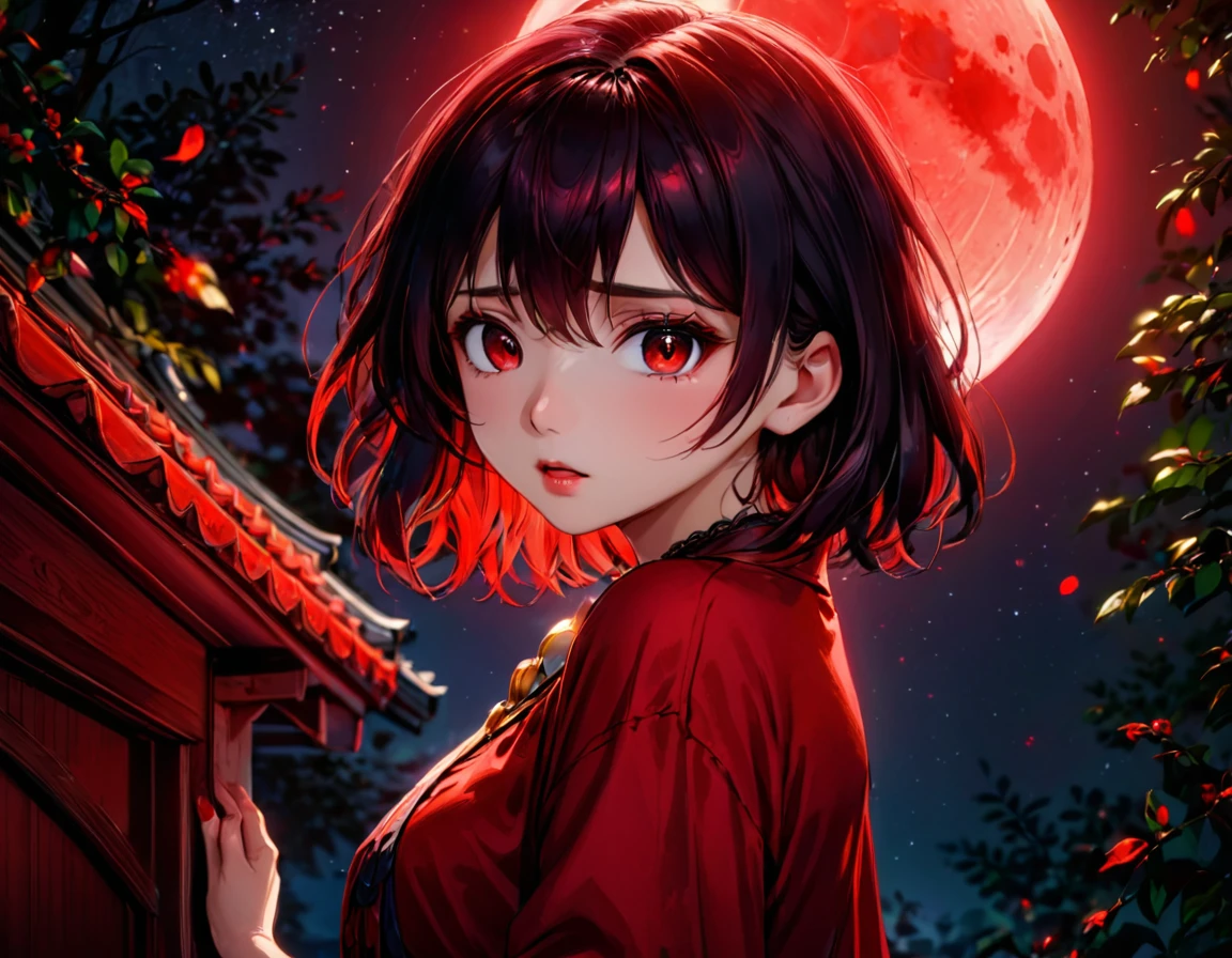 (masterpiece), best quality, highres, 4k, 8k, cinematic lighting, amazing quality, amazing shading, soft lighting, blood-red moon in dark black night sky, extremely detailed, Illustration, official artwork, anime style, wallpaper, official art, 35mm, analog style, a realistic photo, film grain, (photorealistic:0.6), taken by a canon eos r5, ultra detailed,