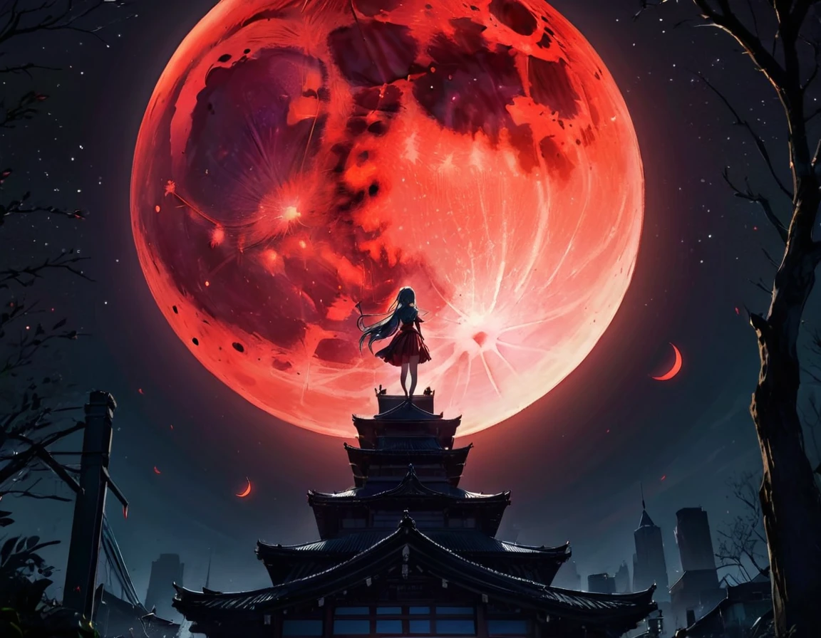 (masterpiece), best quality, highres, 4k, 8k, cinematic lighting, amazing quality, amazing shading, soft lighting, blood-red moon in dark black night sky, extremely detailed, Illustration, official artwork, anime style, wallpaper, official art, 35mm, analog style, a realistic photo, film grain, (photorealistic:0.6), taken by a canon eos r5, ultra detailed,