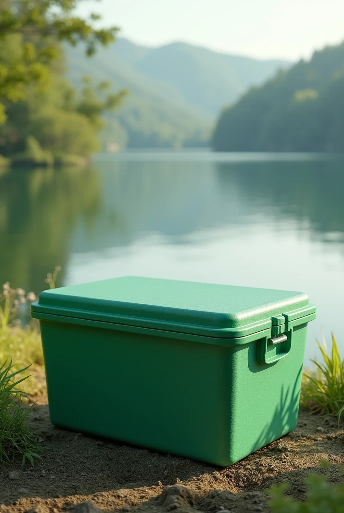 Create a realistic image of a green styrofoam box, and in the background a lake


