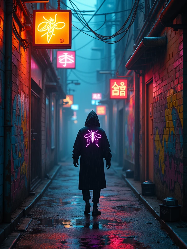 Create a dark and moody alley scene with a cyberpunk aesthetic. A lone figure, wearing a black hood with a bright neon psychedelic Mosquito on the back, it moves away from the camera through the wet alley. The alley walls are covered in colorful and intricate graffiti that contrasts with the dark environment. the neon lights, in shades of orange and blue, reflecting the wet pavement, casting a sinister glow. Add dynamic FX elements, like shimmering neon lights, electric sparks and drifting holographic advertisements floating in the air. Small particles of dust and mist swirl, Illuminated by light, adding depth to the scene. Subtle raindrops can be seen falling, creating ripples in puddles on the ground. The atmosphere is mysterious and somewhat menacing, with industrial lights casting long shadows and some digital glitches enhancing the cyberpunk vibe.AR-16:9