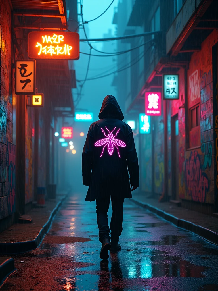 Create a dark and moody alley scene with a cyberpunk aesthetic. A lone figure, wearing a black hood with a bright neon psychedelic Mosquito on the back, it moves away from the camera through the wet alley. The alley walls are covered in colorful and intricate graffiti that contrasts with the dark environment. the neon lights, in shades of orange and blue, reflecting the wet pavement, casting a sinister glow. Add dynamic FX elements, like shimmering neon lights, electric sparks and drifting holographic advertisements floating in the air. Small particles of dust and mist swirl, Illuminated by light, adding depth to the scene. Subtle raindrops can be seen falling, creating ripples in puddles on the ground. The atmosphere is mysterious and somewhat menacing, with industrial lights casting long shadows and some digital glitches enhancing the cyberpunk vibe.AR-16:9