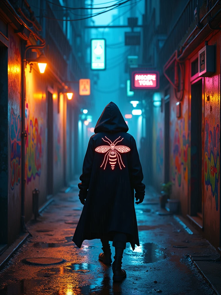 Create a dark and moody alley scene with a cyberpunk aesthetic. A lone figure, wearing a black hood with a bright neon psychedelic Mosquito on the back, it moves away from the camera through the wet alley. The alley walls are covered in colorful and intricate graffiti that contrasts with the dark environment. the neon lights, in shades of orange and blue, reflecting the wet pavement, casting a sinister glow. Add dynamic FX elements, like shimmering neon lights, electric sparks and drifting holographic advertisements floating in the air. Small particles of dust and mist swirl, Illuminated by light, adding depth to the scene. Subtle raindrops can be seen falling, creating ripples in puddles on the ground. The atmosphere is mysterious and somewhat menacing, with industrial lights casting long shadows and some digital glitches enhancing the cyberpunk vibe.AR-16:9