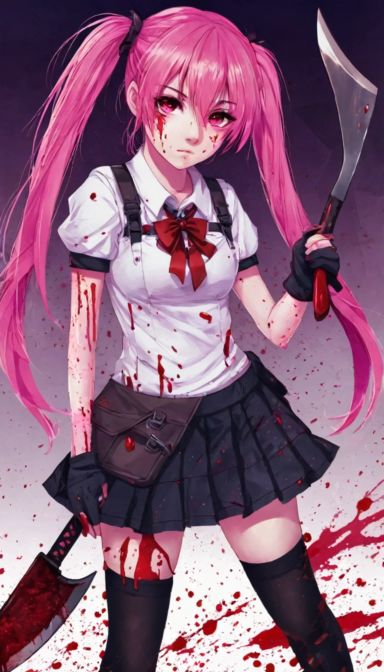 1ageer girl, solo, axe, blood, pink_hair, long_hair, pink_eyes, yandere, weapon, blood_on_clothes, blood_on_face, twintails
