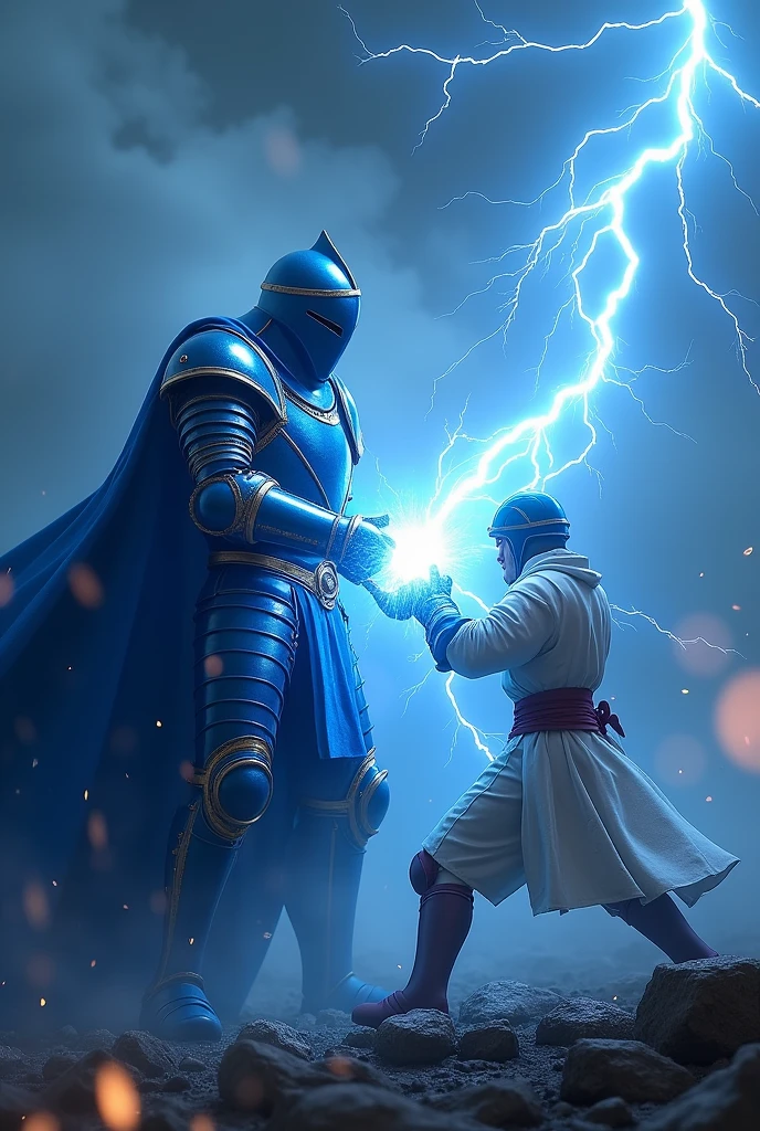 A knight in blue armor and a blue closed helmet punching with lightning bolts the face of his enemy in white armor and a white closed helmet