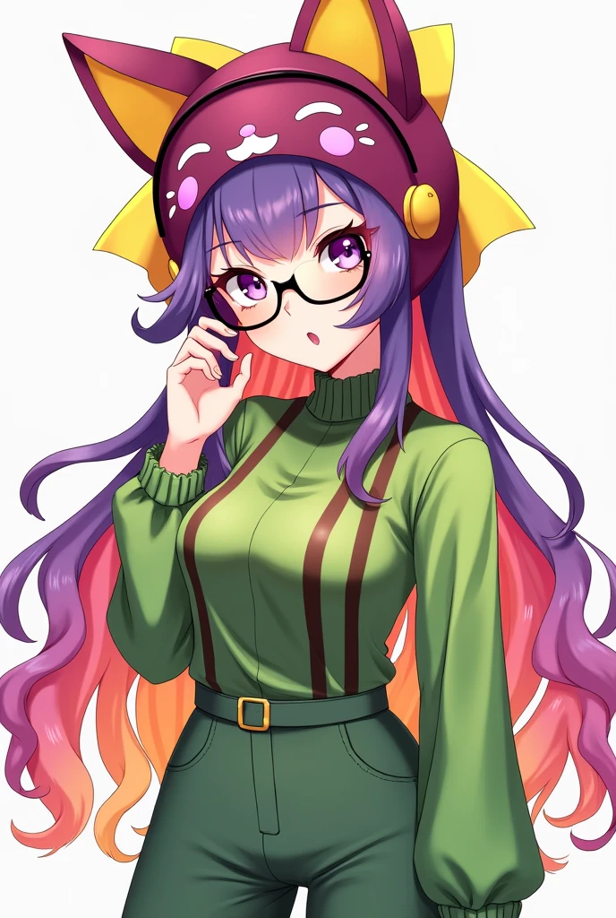 Female character with long-sleeved green blouse with brown stripes, green pants, a yellow bow in her hair, long pink-yellow-purple hair, dark pink kitten balaclava headphones, black glasses