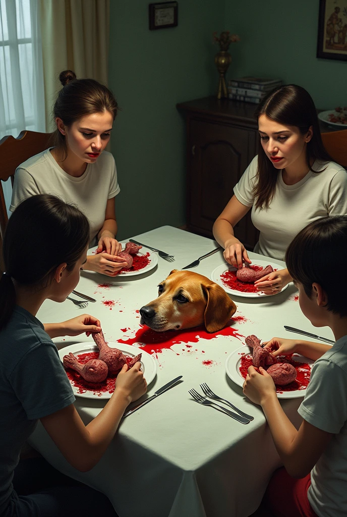 a happy family at a dinner table eating parts of a dead dog, only the dog&#39;s head is in the middle of the dinner table and the dog&#39;s legs and arms are on the food plates
