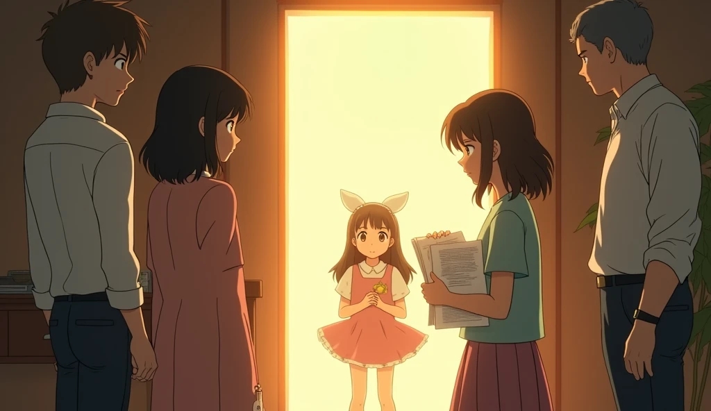An emotional Studio Ghibli scene focusing on Clara, the eldest daughter. Clara is shown with a look of quiet determination and sadness, holding school papers or certificates that represent her achievements. The parents, standing nearby, give her a brief nod of gratitude before turning their attention back to Sofia, who is portrayed in a celebratory spotlight, surrounded by balloons or awards. The contrast in the treatment of the two sisters is subtle but clear, with Clara standing strong yet feeling underappreciated.