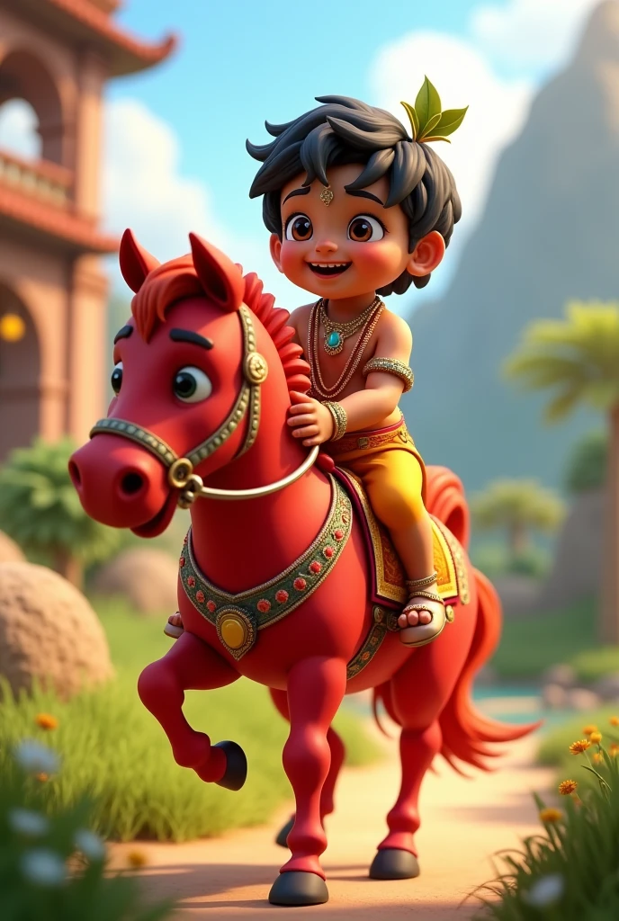 Create Cinematic 3d Cartoon Style animation video "Baby Krishna Riding Red Horse"
