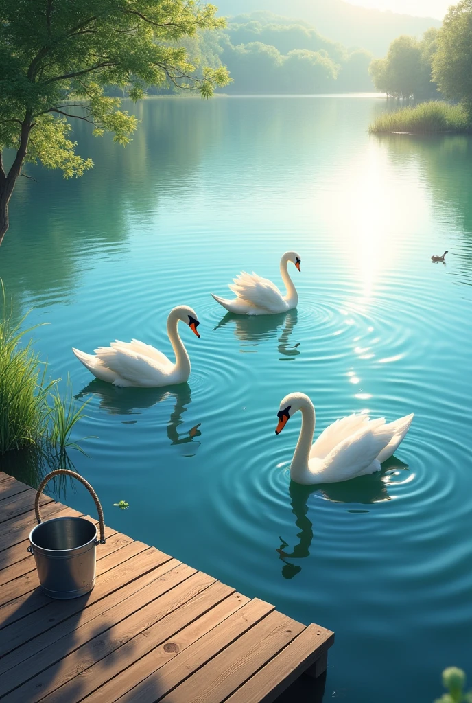 A realistic picture of a serene lake glistening under the bright sun, swans glide gracefully across the calm waters. Their elegant forms create gentle ripples as they move. A small wooden deck extends into the lake, where a steel bucket, tethered to a rope, rests beside the edge. The sunlight sparkles off the surface of the water, enhancing the tranquil beauty of the scene and casting a warm, inviting glow over the entire landscape.