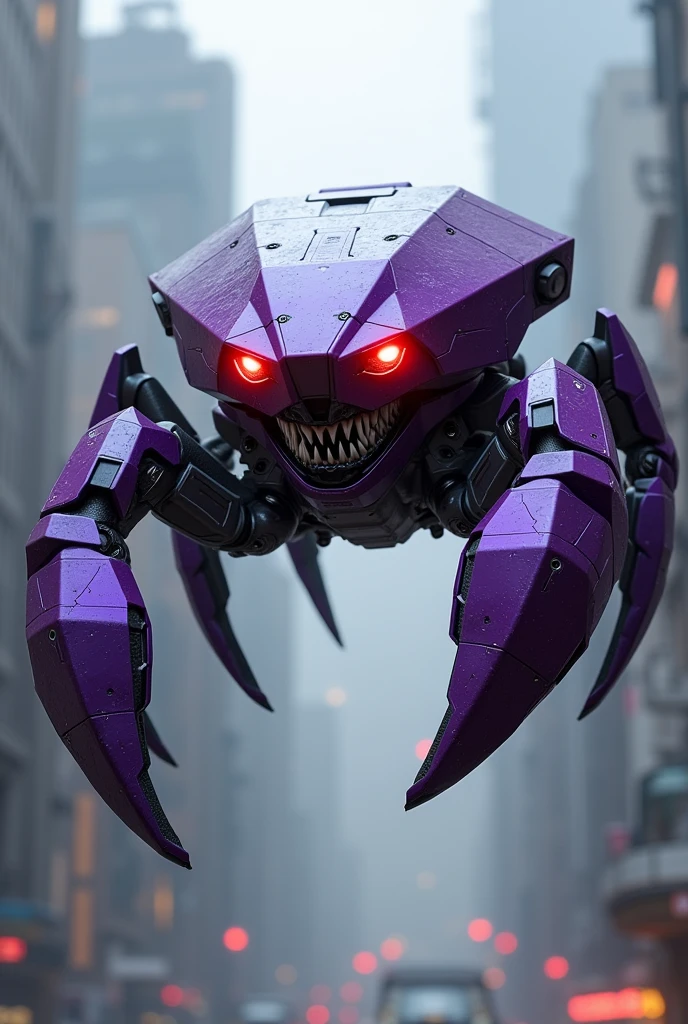 a highly detailed hexagonal prism robot with crab-like legs, red eyes, sharp teeth, a purple crab-shaped body, floating and flying