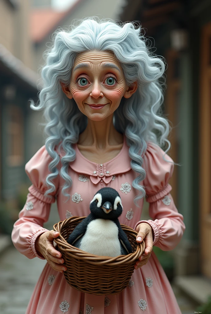 90age
 very old woman with curly white blue long hair
A pink dress with pictures of white roses on it
A wooden basket with a penguin inside
In Germani 
Style 3D

