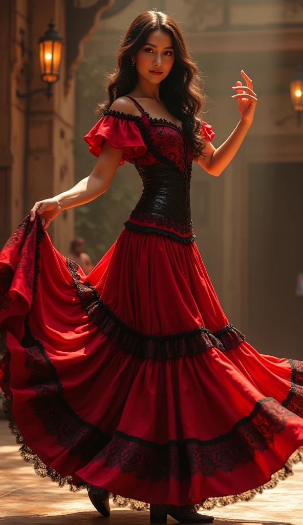 A beautiful woman with medium-length chestnut-black hair, Latin American heritage, a flawless oval face, passionate gaze, sweet smile, tall and graceful dancer's figure, a fantasy-realism style flamenco-inspired dress, flowing skirt, alternating red and black textures, red as the main color, complemented by black accents, she gracefully performs her dance moves on the stage of a fantasy-style Western tavern, this character embodies a finely crafted fantasy-realism style Flamenco dancer in anime style,revealing his panties, exquisite and mature manga art style, perfect body, perfect nose, perfect mouth, perfect eyes, perfect smille, goddess, feminine, (Morena Baccarin:1.2), high definition, best quality, highres, ultra-detailed, ultra-fine painting, extremely delicate, professional, anatomically correct, symmetrical face, extremely detailed eyes and face, high quality eyes, creativity, RAW photo, UHD, 32k, Natural light, cinematic lighting, masterpiece-anatomy-perfect, masterpiece:1.5