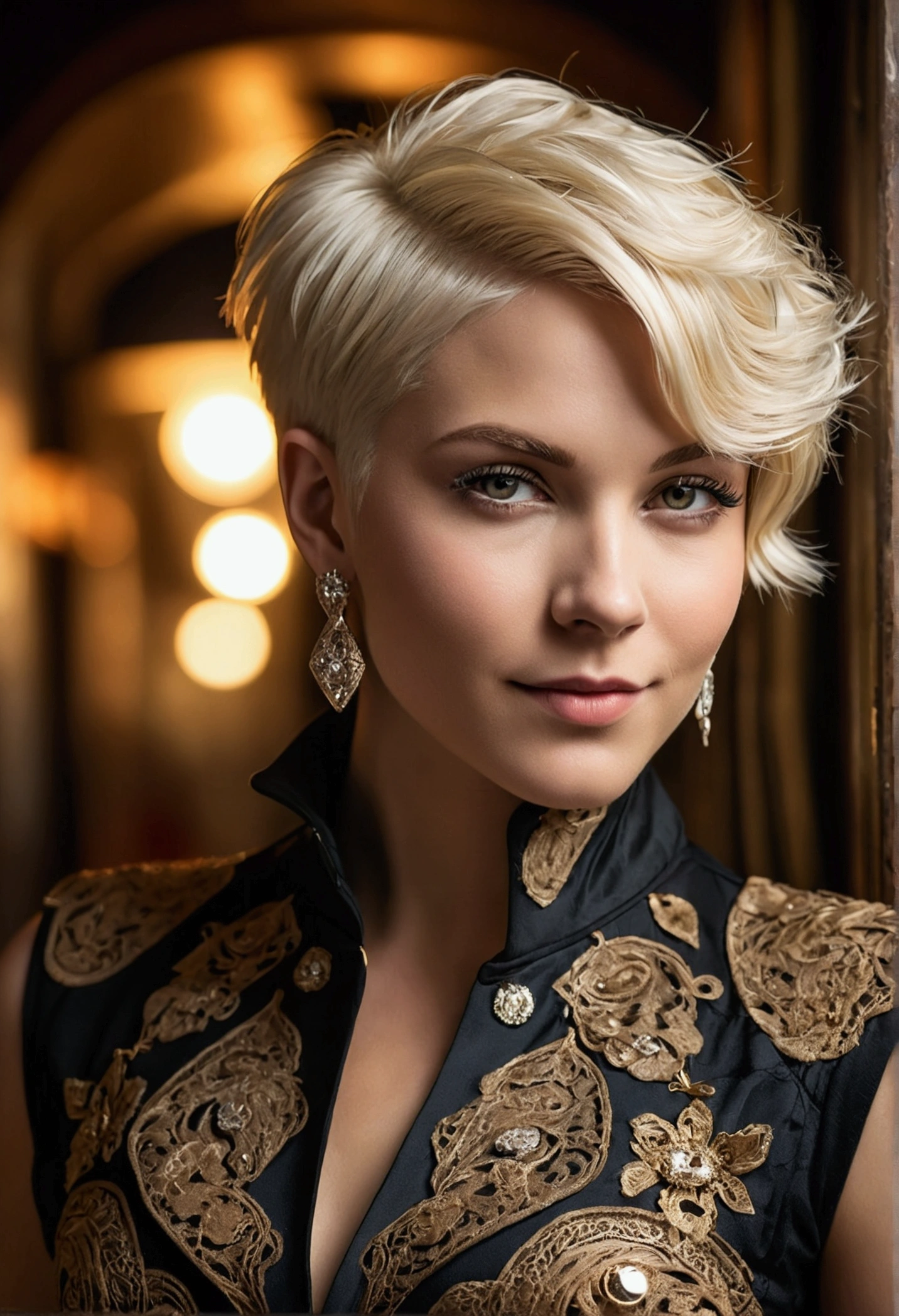 A fashion designer portrayed as a refined young lady, donning a body-hugging single-piece garment that gracefully envelops her frame, with a sassy asymmetrical platinum blonde short haircut, locking eyes intently with the camera while harboring a mischievous smile, adorned with diamond earrings, Steampunk-style photography, emphasis on sharp focus, dramatic lighting and high contrast, depth of field accentuating texture of skin and fabric, juxtaposing elegance with edginess, an ultra-high-quality
