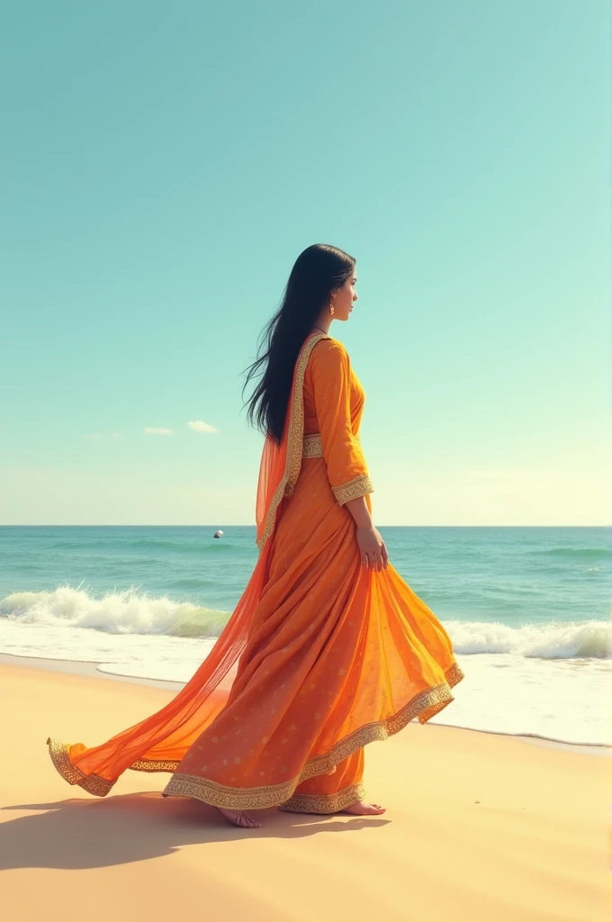 A girl in a beach with salwar kameej, no one aroun her