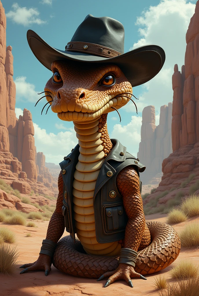 A brown rattlesnake wearing a black hat, wrapped in ammunition holsters. Use Jake Rattlesnake from the animated film Rango as a reference. I would like the art to be in a fantasy RPG style, set in the old west.