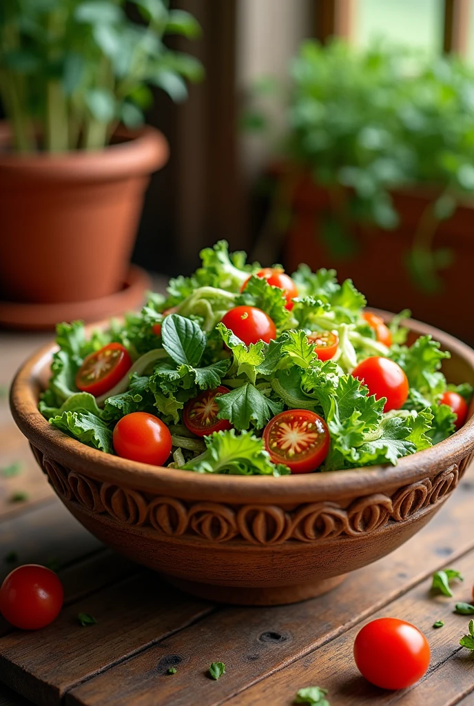 wooden fancy bowl with colorful crispy salad with various colorful greens on a wooden table with cherry tomato plant in the background