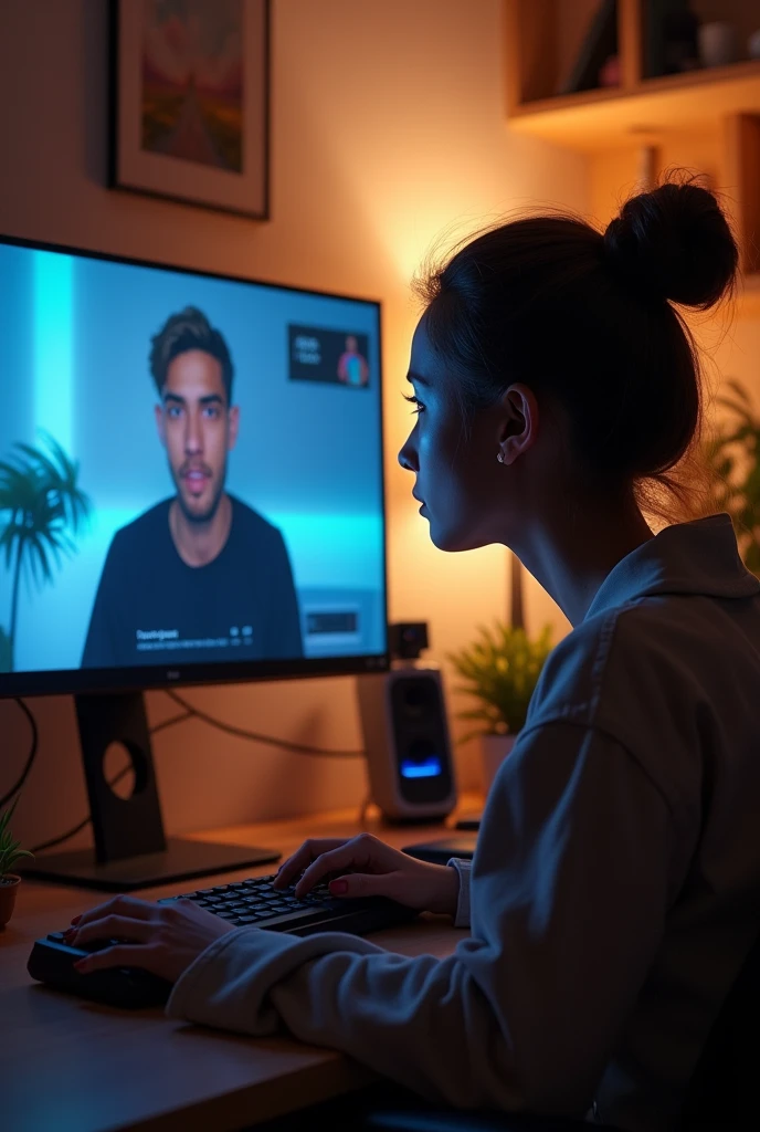 A LADY WATCHING A STREAMER BOY ON A COMPUTER