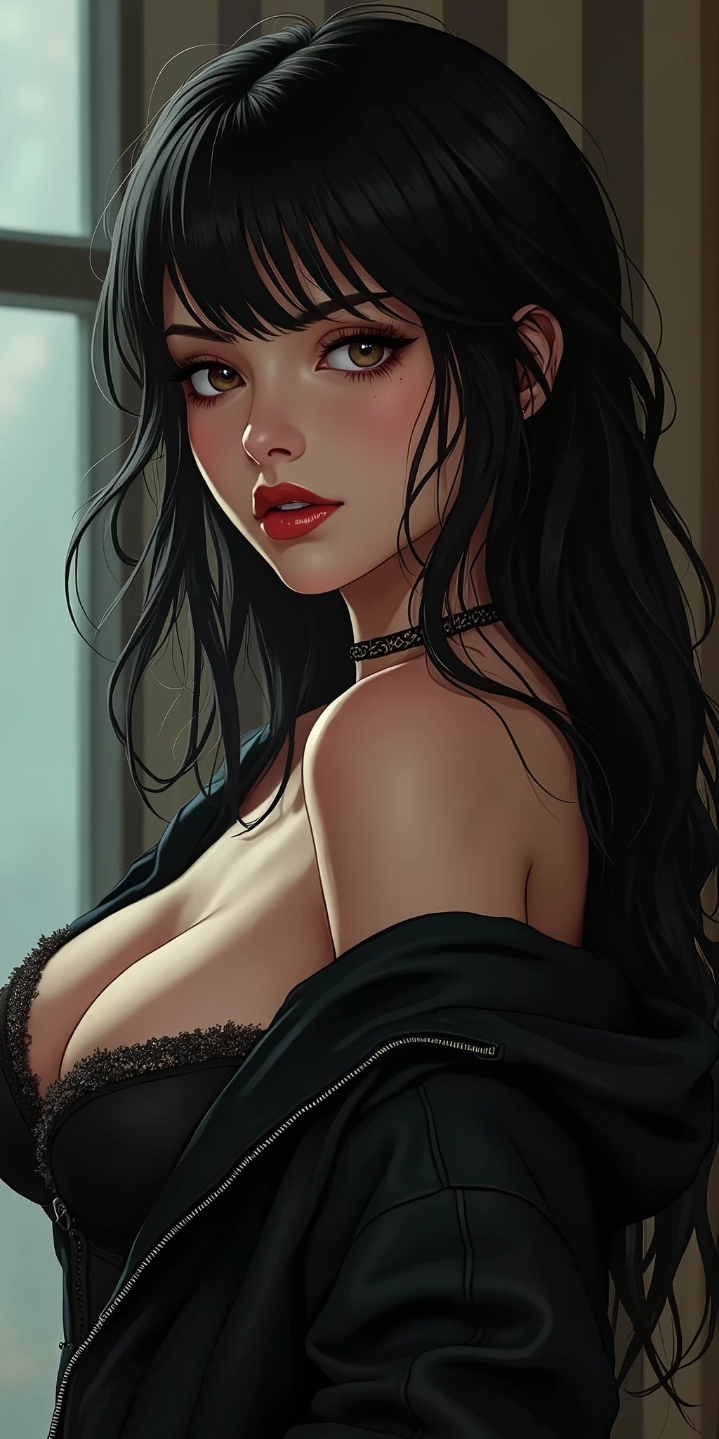 Photos of women with natural skin, Seaside Cave, Shining, , Smile, High Ponytail, Black hair with red mesh, Use red eyeshadow to create sharp eyes, Blue-green eyes, Shining eyes, Thin, with an upturned nose, Beautifully shaped lips, Large Breasts, ((Black off-shoulder dress, Spaghetti straps)), barefoot, cosmetic, Carefully crafted,Attention to detail, Energetic, Astonishing, Smooth, Movie, 4K, Backlight, (()), Shallow depth of field, ((Delicate eyes:1.3, Delicate lips:1.3, high quality, )), masterpiece, Ultra-detailed images, high quality