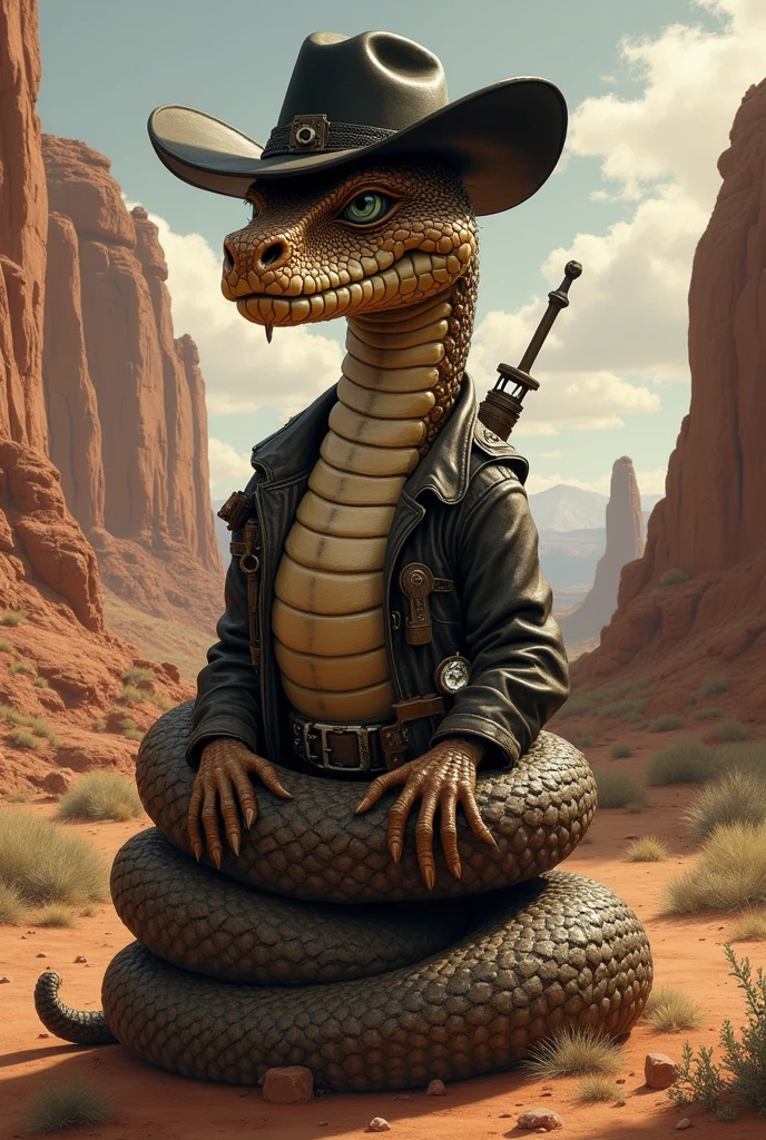 A brown rattlesnake wearing a black hat, wrapped in ammunition holsters. Use Jake Rattlesnake from the animated film Rango as a reference. I would like the art to be in a fantasy RPG style, set in the old west.