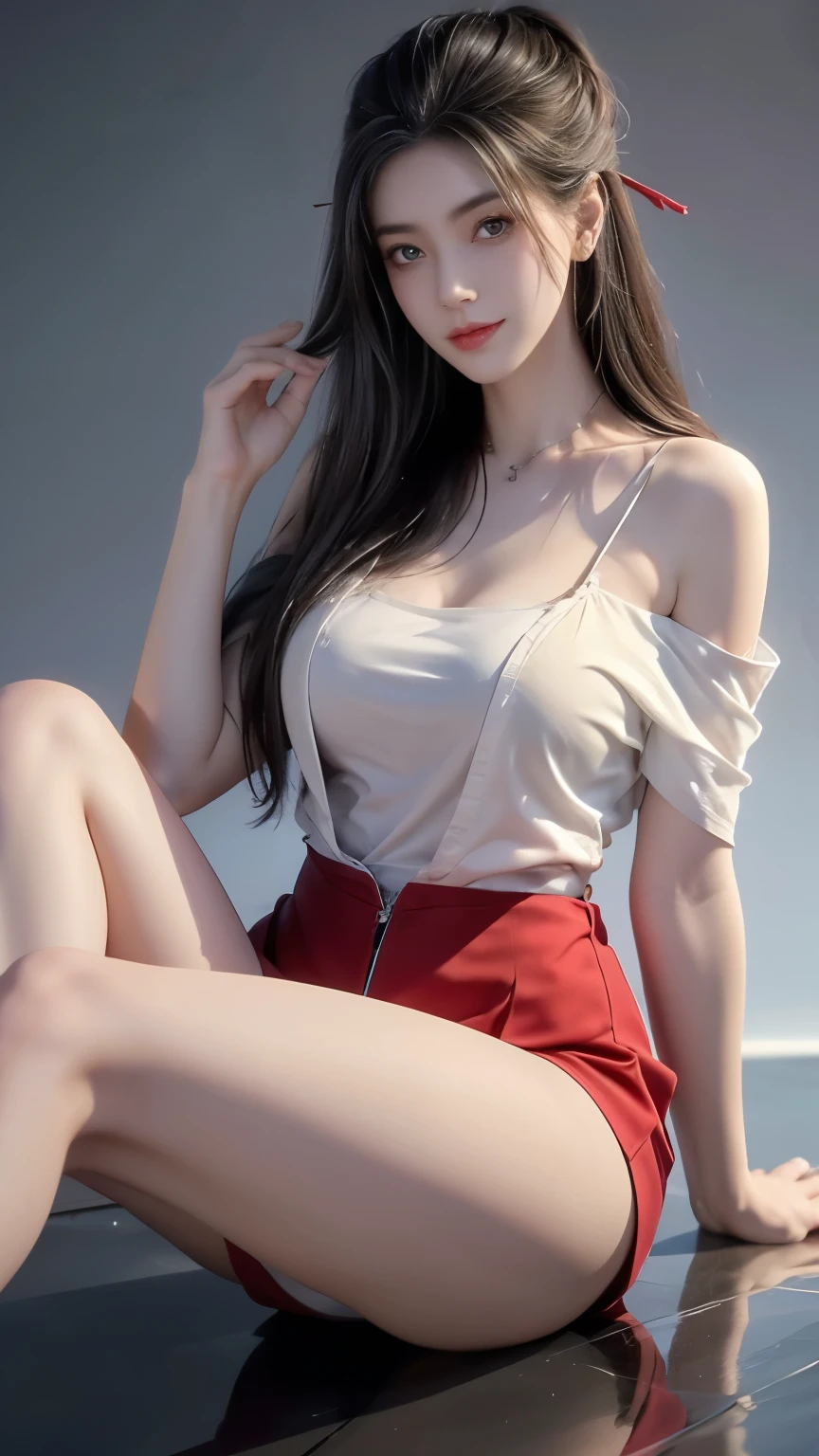 ((whole body)), 1 girl, Long hair, Red costume, Black Hair, long legs, Slender eyes, Fascinating eyes, Three long thin red hairpins, ((People floating in the air)), Elongated eyebrows, Tall and skinny, Clothes fluttering, (Very intricate details1.2), Big round breasts, (Sexy pose), Red silk, Leakage out of the breast, Off-shoulder, raised eyebrows, Barefoot, bare legs, Delicate face, Fluffy hair, Transparent Clothes, gradient eyes, color contact lenses, Smile, Narrow crotch, Surrealism, ray tracing, reflection light, high detail, Romanticism, retina, masterpiece, anatomically correct, high details, highres, 8k, super detail