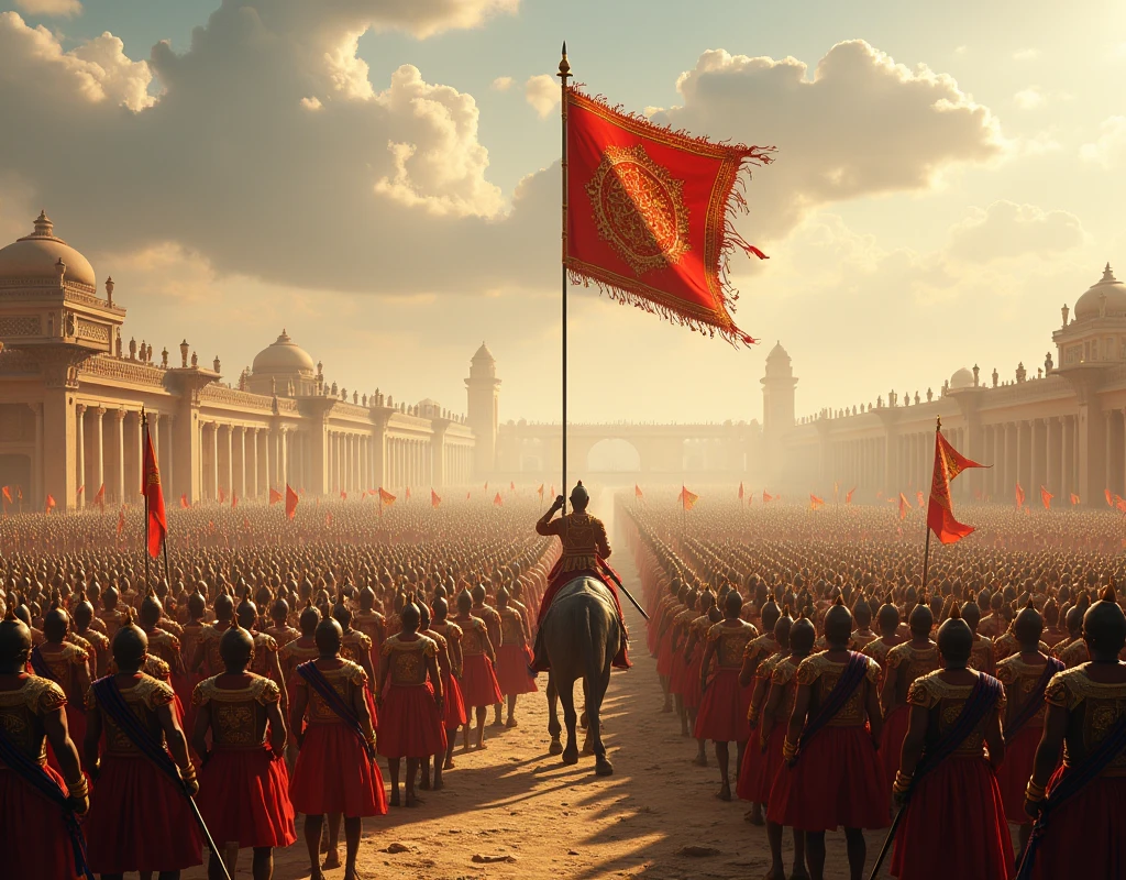 10000 of historical soldier and 100 of war elephent and war horses king have salutes single flag spain in big kingdom in tamilnadu raja raja cholan