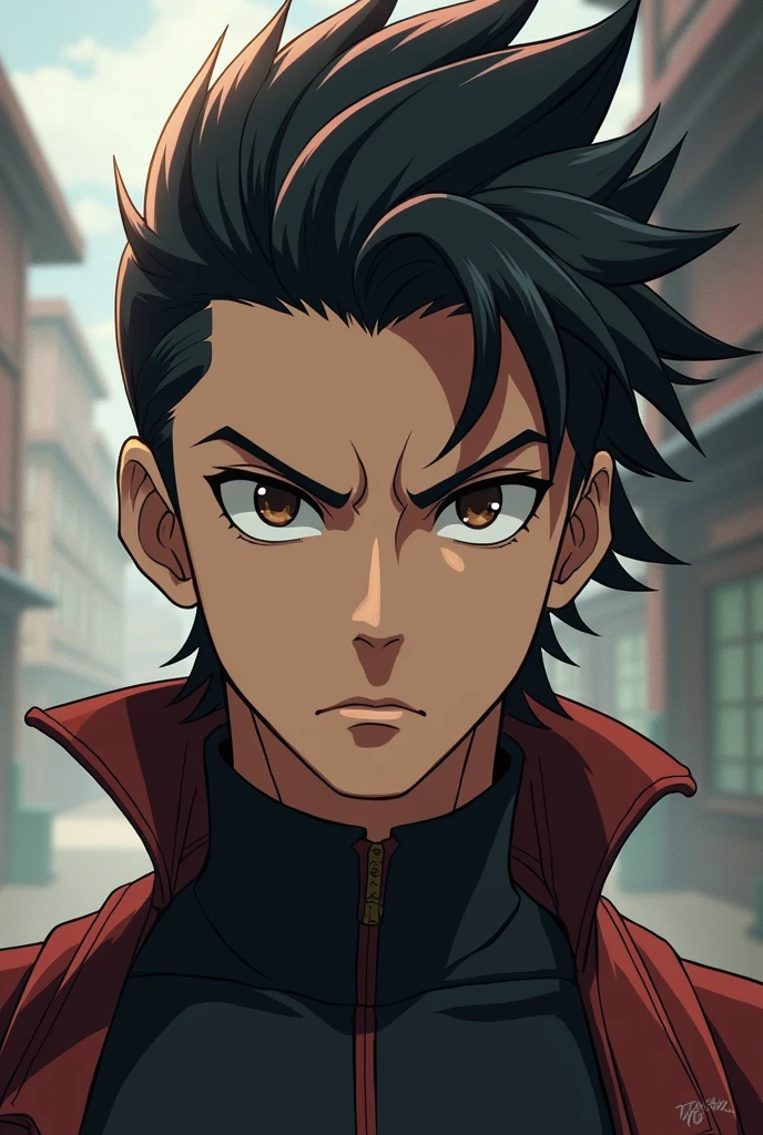 Young man character with hair slicked back, dark brown eyes in demon slayer anime style