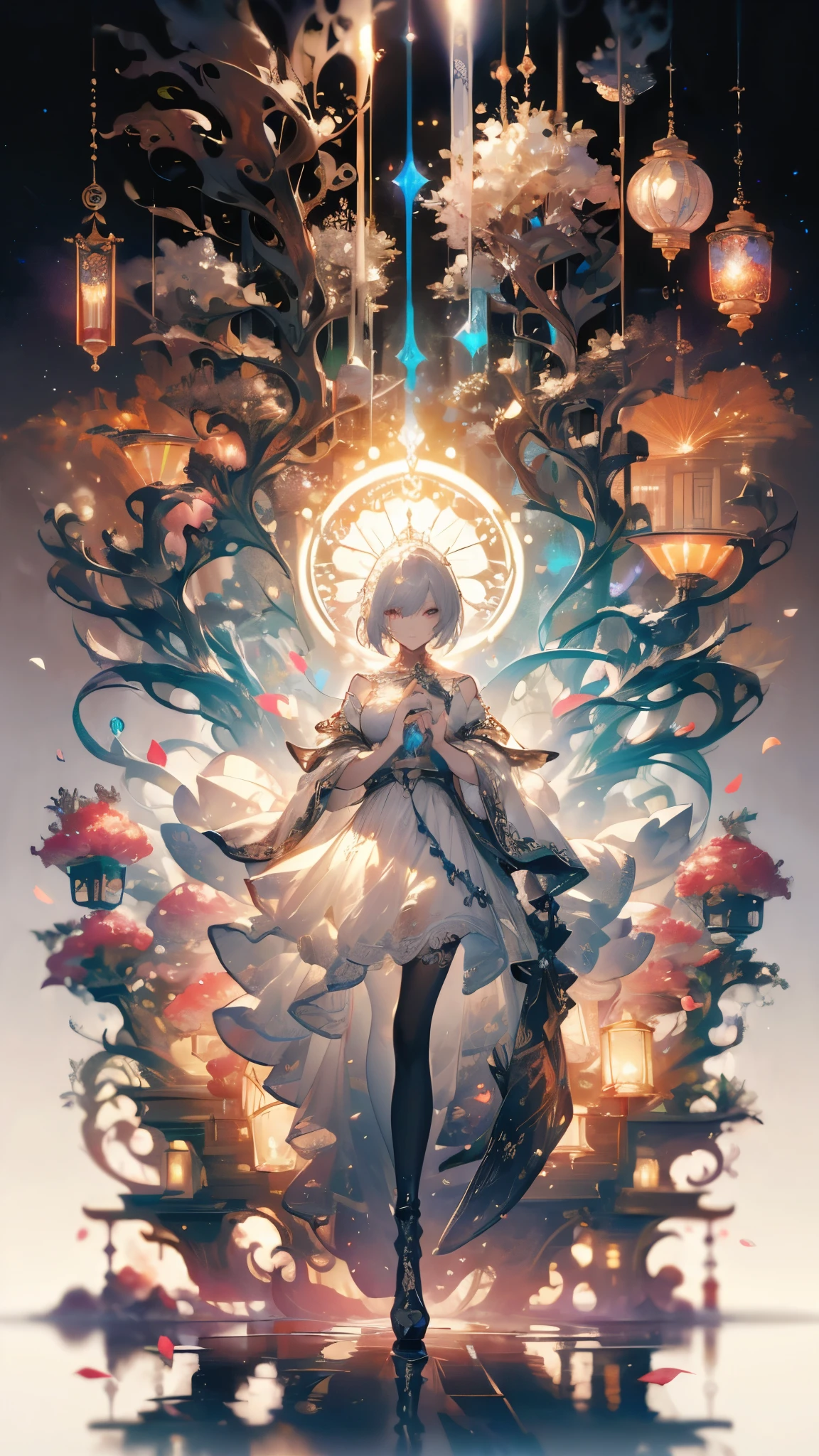 ((masterpiece, best quality)), Epic battlefield atmosphere,A display of fireworks and a sea of lanterns,Silver Bell Ice Heart,Magician,Petals falling,A meticulous face,Standing image,Perfect body proportions,Long legs,Stylish short hair,beautiful eyes,Fantasy style,White background,transparent,Sexy,Lace,Pantyhose
