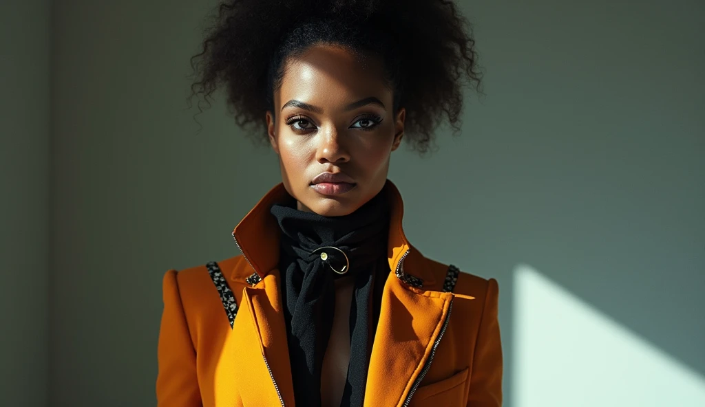"Create an avant-garde fashion scene featuring a model with African descent, but with the features of Angelina Jolie. The model is dressed in an experimental, artistic outfit that defies conventional fashion norms, showcasing bold, non-traditional materials and striking, asymmetrical designs. The setting is an abstract, minimalist environment with sharp contrasts and dramatic lighting, emphasizing the uniqueness of the attire. The composition highlights the model's elegance, confidence, and sophistication, with a focus on her flawless, captivating presence.
Filmed on ARRI ALEXA 65, Bokeh, sharp focus on the subject, shot by Don McCullin. The atmosphere should exude a sense of artistic expression, with the model embodying the essence of avant-garde fashion—daring, bold, and cutting-edge.
Keywords: beauty, model, elegance, glamour, fashion, stunning, radiant, chic, graceful, confident, striking, flawless, alluring, photogenic, sophisticated, enchanting, captivating, charismatic, runway, editorial, beauty standards, artistic, style, aesthetic, personality, portrait, beauty photography, professional model, fashionista, trendsetter.
