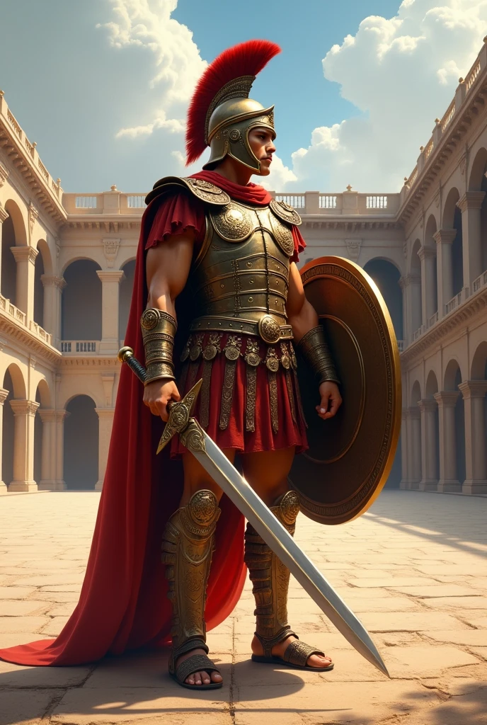 Soldier with Roman style armor, using a shield protecting his chest and a sword in the other hand, with helmet, shouting his victory, showing his entire body, including the sandals on his feet, in an empty arena, painting style, but very detailed and realistic 4k