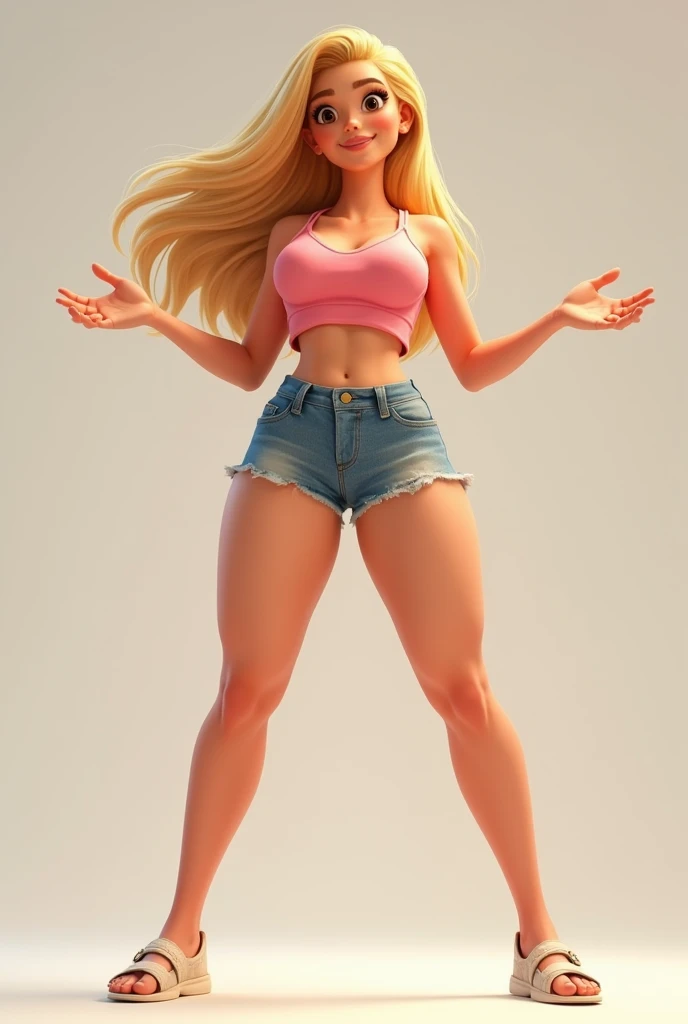 (Disney Pixar style: 1.2) (20 year old adult: 1.15), white, hazel eyes, with shorts and crop top, big breasts, T-shaped foot with small waist, open and stretched hands with large legs facing forward so that all five fingers and extended arms can be seen, blonde spreads her legs but makes her slim with big legs spread legs