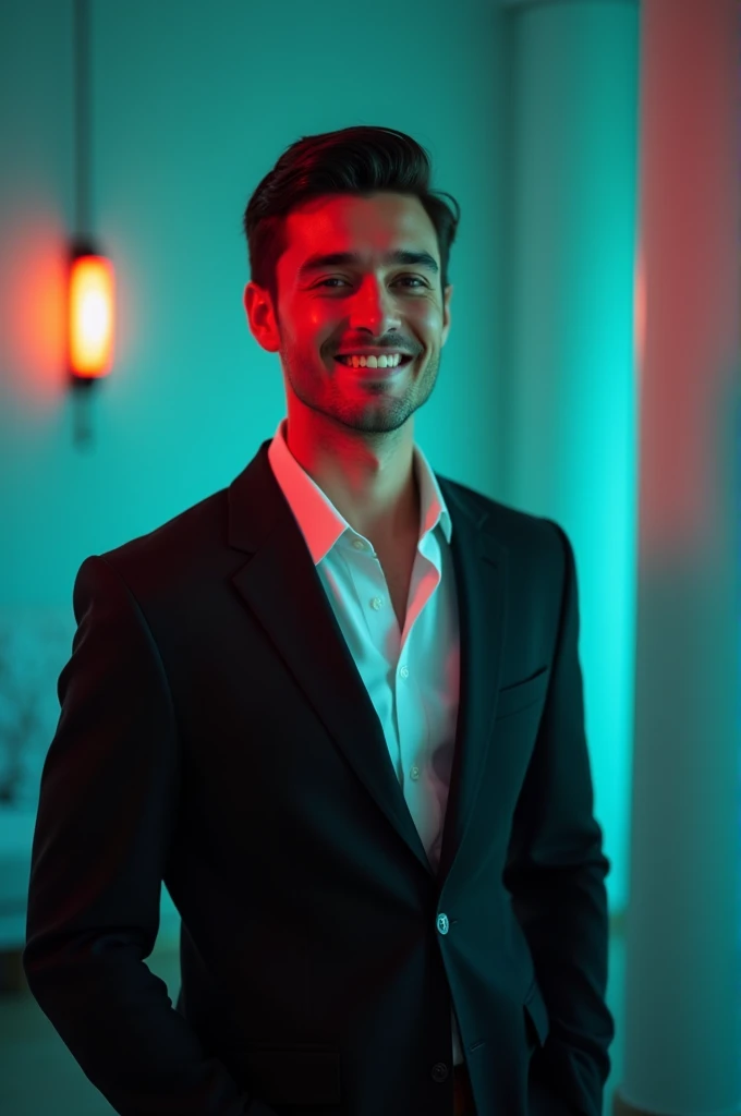 A young man with dark hair and a confident smile. He is dressed in a black blazer over a white shirt. The man is positioned against aqua colour backdrop with a subtle red lighting on the left side. and he posing for Linkedin profile