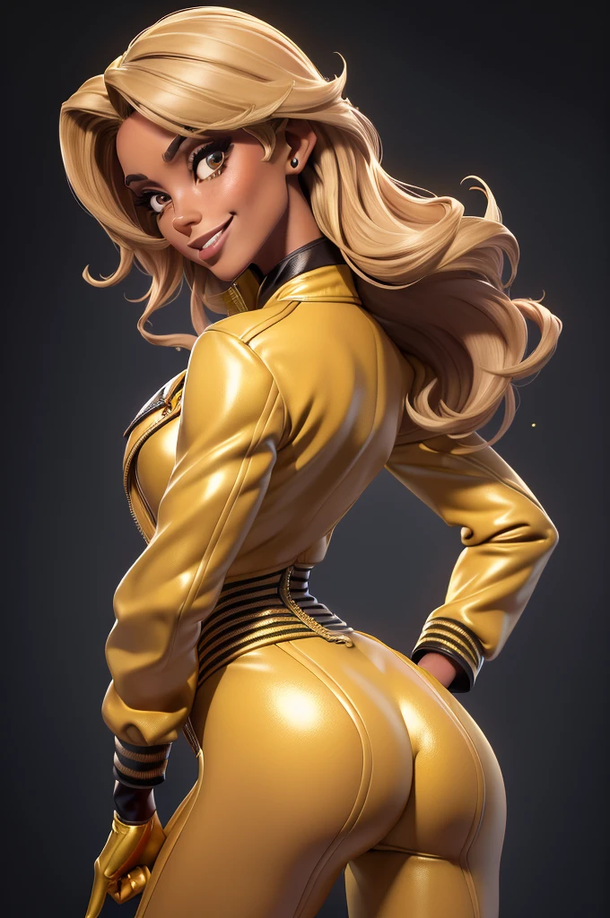 obra prima, melhor qualidade, ((only one woman,)) ((farrah fawcett, dark tan skin, short blonde bob hair, heavy makeup eye shadow, mouth open smile,)) (((wearing thigh length very black metalflake yellow jacket,))) (((jacket is zipped up, jacket covers waist and ass,))) ((jacket has stiff high collar,)) ((gold pvc gloves,)) body is very skinny, standing up, (((arched back, shoulders leaning way back, hips twisting, head tilted way back, chin up,))) ((camera back view, extreme closeup view of upper body,)) shallow depth of field, highres, HD, 8k, anatomically correct
