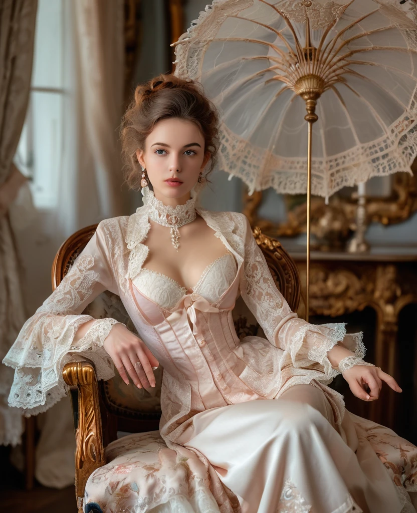 (sumptuous allure:1.3), (Baroque chic:1.1), regal ambiance, fashion photography, 4k UHD resolution, soft focus, (Baroque grace:1.3), seated in an antique chair with a lace parasol pose, (timeless sophistication:1.15), vintage boudoir setting, (silk and lace ensemble:1.1), soft pastels, intricate lacework, ruffled collar, refined embroidery, Baroque chic style, vintage interior backdrop, (soft candlelight:1.2), timeless elegance