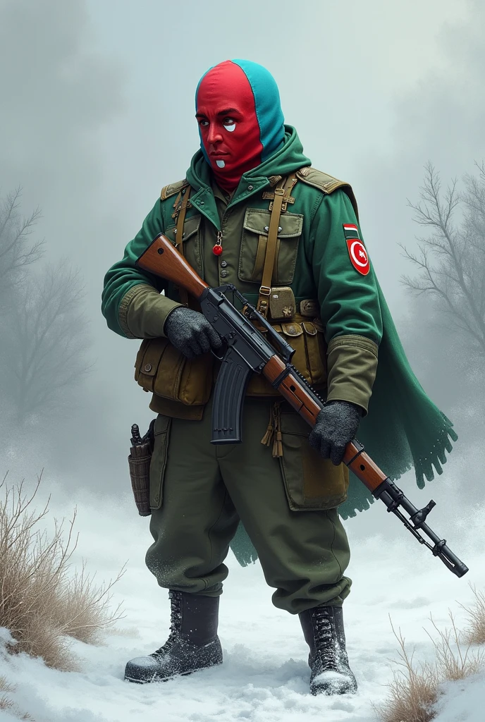 A Countryhuman style face with the flag of the Azerbaijan Legion, founded in Germany during the Second World War and the body fights against the Soviets Countryhuman on a snowy front