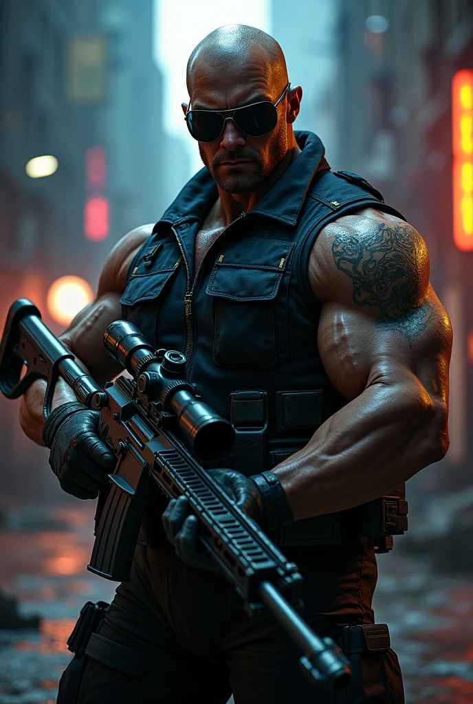Duke Nukem wearing his black sunglasses holding a sniper rifle