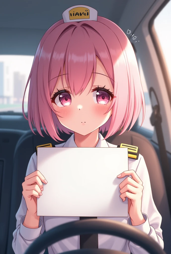 square image size, anime, digital drawing, pretty girl, tender gestures, White skin color, pink hair, works in taxi, He is holding a blank sign